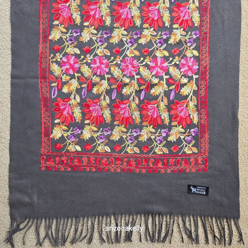 NWOT Cashmere Scarf With Chain Stitch Embroidery Colorful Woven - Picture 14 of 14